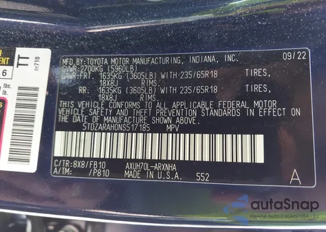 2022 Toyota Highlander Hybrid Le из США, поврежденный, VIN 5TDZARAH0NS517185